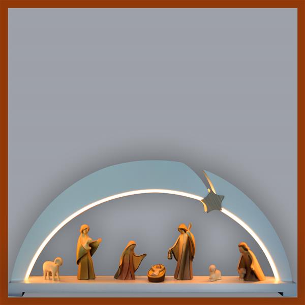 Bogen groß weiß mit LED Beleuchtung und 8 Krippenfiguren Aram