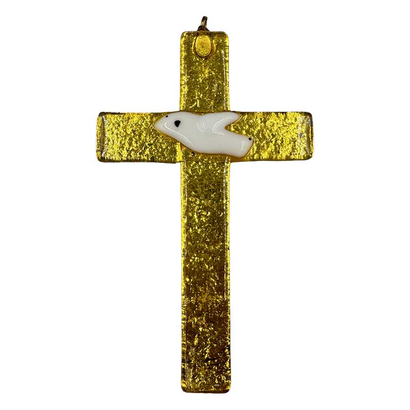 Glaskreuz Goldfarben mit Taube