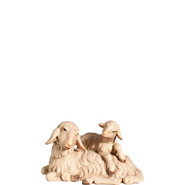 Schaf liegend mit Lamm am Rücken