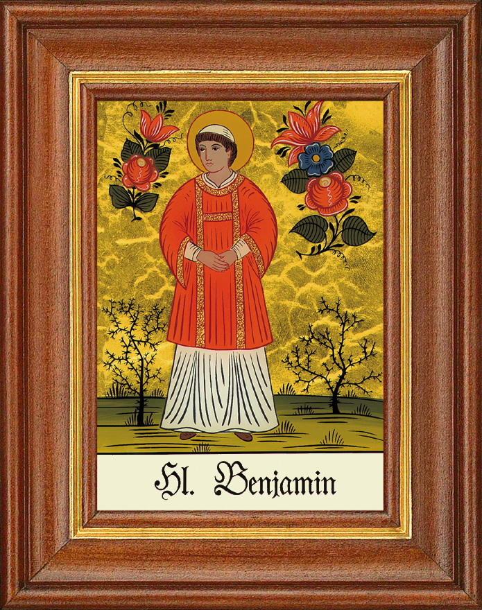 Hl. Benjamin - Hinterglasbild Patronatsbild Namenspatron mit Heiligennamen - 12,5 x 16 cm