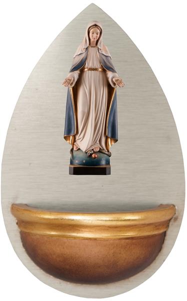 Weihwasserbecken mit Gnadenspenderin aus Holz Weihwasserbecken mit Gnadenspenderin aus Holz