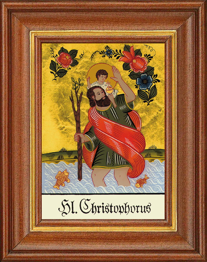 Hl. Christophorus - Hinterglasbild Patronatsbild Namenspatron mit Heiligennamen - 12,5 x 16 cm