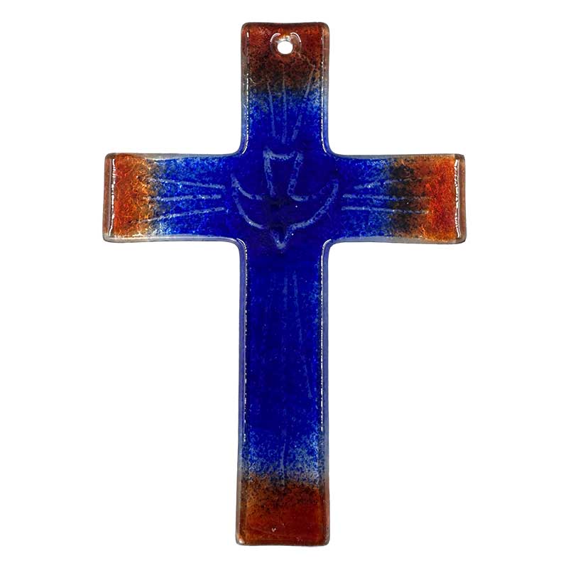 Glaskreuz blau-rot mit Hl. Geist Glaskreuz blau-rot mit Hl. Geist