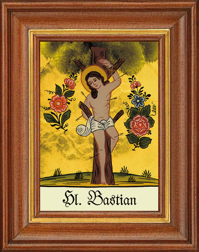 Hl. Bastian - Hinterglasbild Patronatsbild Namenspatron mit Heiligennamen - 12,5 x 16 cm
