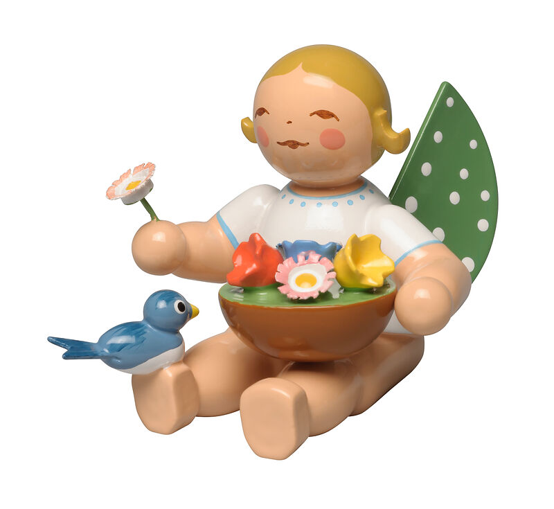 Engel mit Blumenkorb und Vogel sitzend Engel mit Blumenkorb und Vogel sitzend