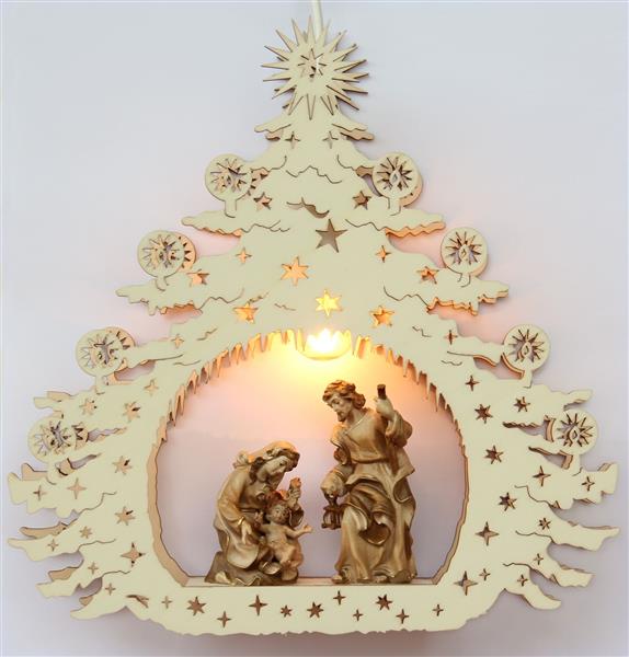 Hl. Familie im Weihnachtsbaum mit elektr. Beleuchtung