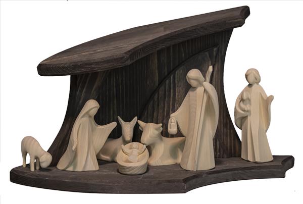 Design Familienstall grau mit Aram Krippenset 8 tlg. Eschenholz