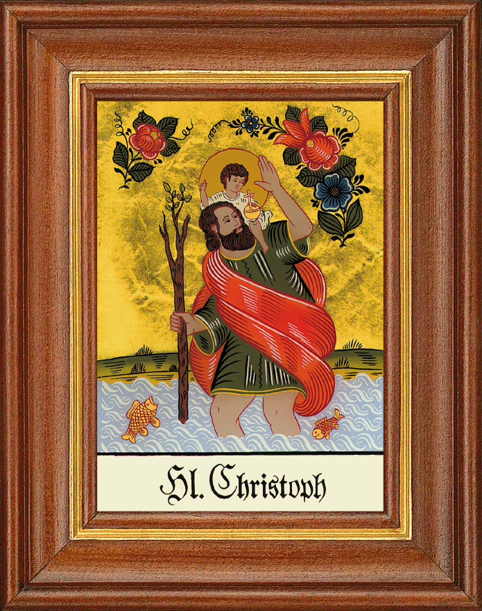 Hl. Christoph - Hinterglasbild Patronatsbild Namenspatron mit Heiligennamen - 12,5 x 16 cm