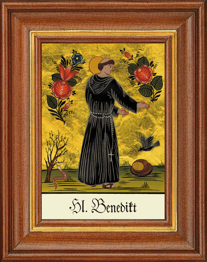 Hl. Benedikt - Hinterglasbild Patronatsbild Namenspatron mit Heiligennamen - 12,5 x 16 cm