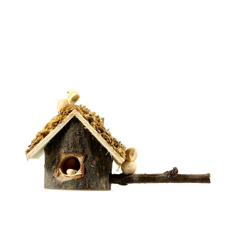 Vogelhaus mit 2 Vögeln aus Holz, natur