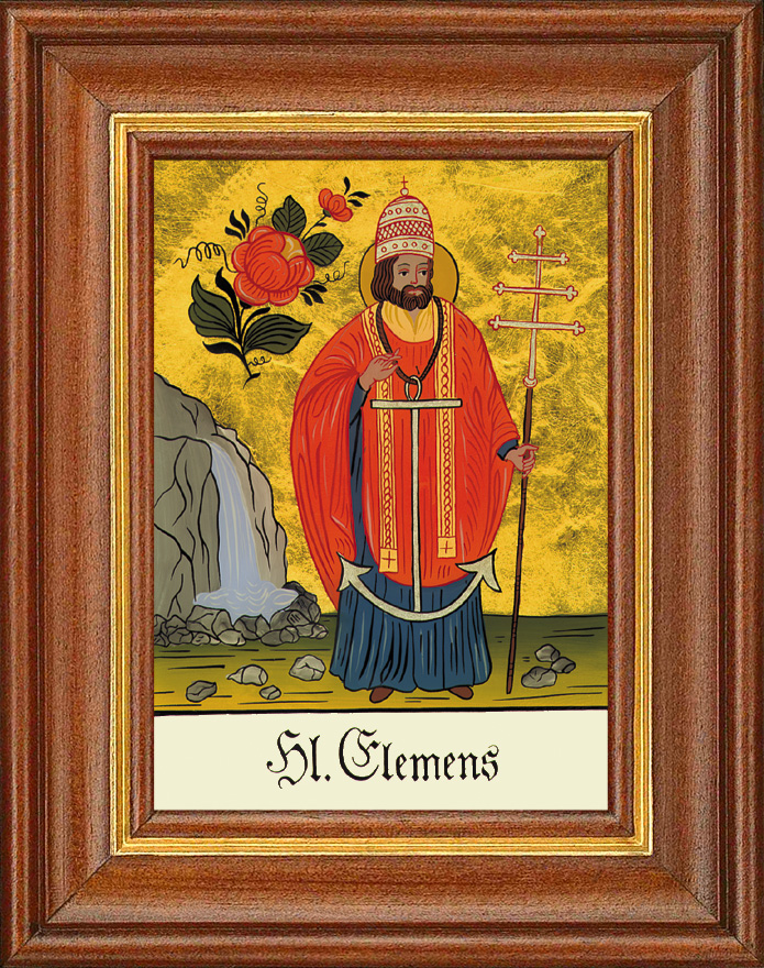 Hl. Clemens - Hinterglasbild Patronatsbild Namenspatron mit Heiligennamen - 12,5 x 16 cm