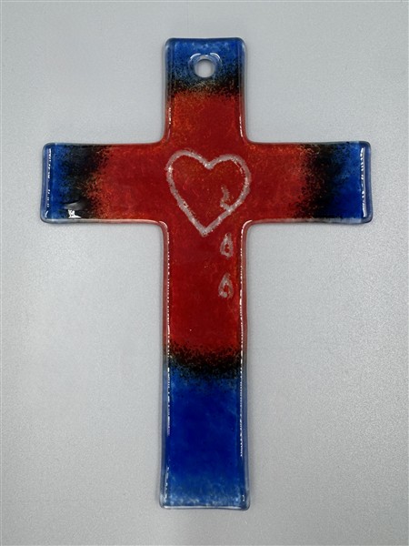Glaskreuz rot-blau mit Herz