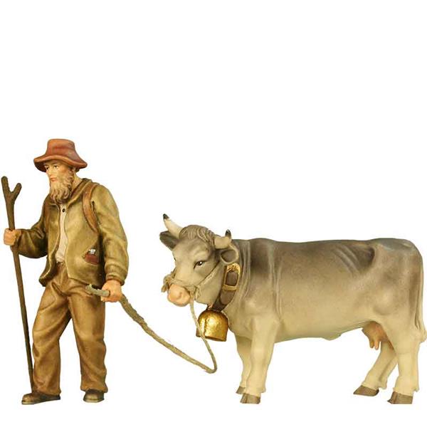 Almabtrieb Bauer mit Kuh grau