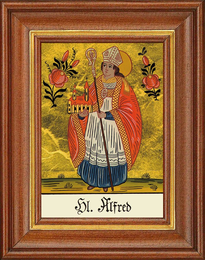 Hl. Alfred - Hinterglasbild Patronatsbild Namenspatron mit Heiligennamen - 12,5 x 16 cm