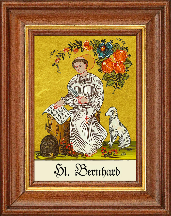 Hl. Bernhard - Hinterglasbild Patronatsbild Namenspatron mit Heiligennamen - 12,5 x 16 cm