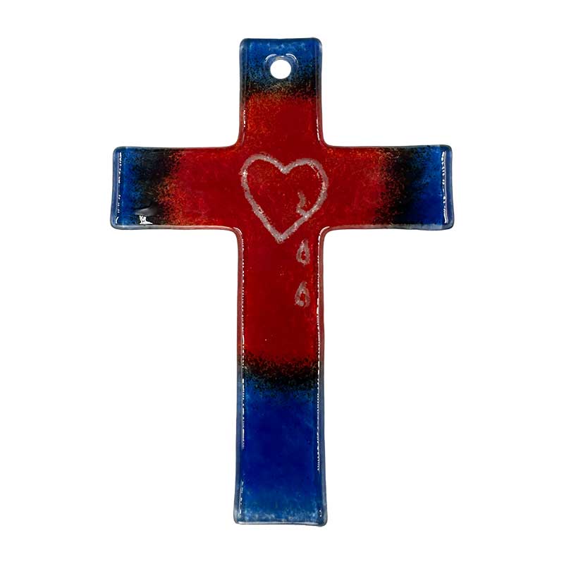 Glaskreuz rot-blau mit Herz Glaskreuz rot-blau mit Herz