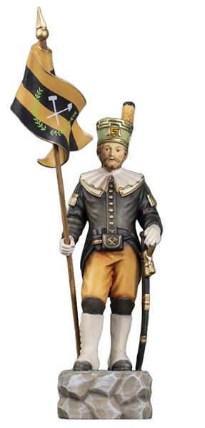 Schneeberger Obersteiger mit Bergmannfahne gelb-schwarz Schneeberger Obersteiger mit Bergmannfahne gelb-schwarz