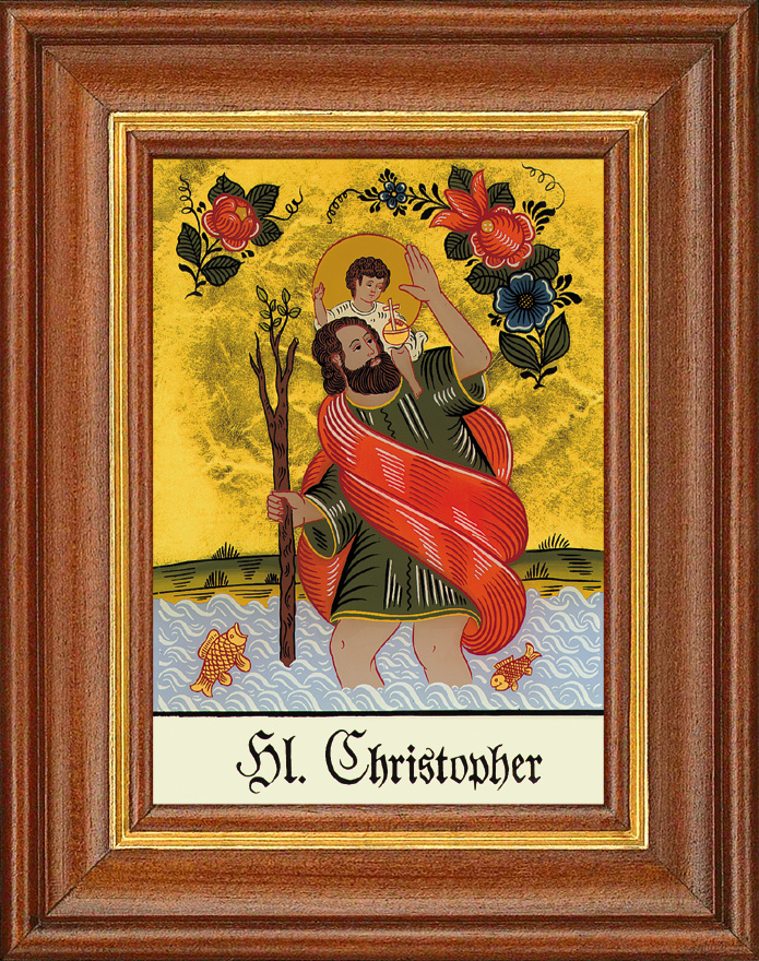 Hl. Christopher - Hinterglasbild Patronatsbild Namenspatron mit Heiligennamen - 12,5 x 16 cm
