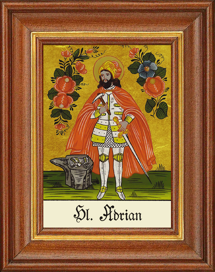 Hl. Adrian - Hinterglasbild Patronatsbild Namenspatron mit Heiligennamen - 12,5 x 16 cm