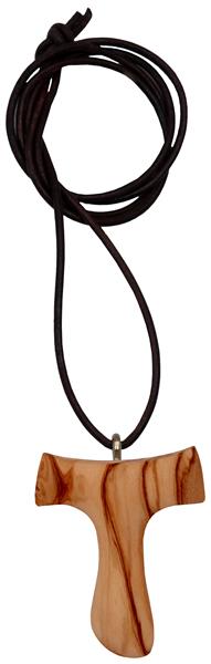Halskette mit Tau-Kreuz Oliv - mit Lederband braun